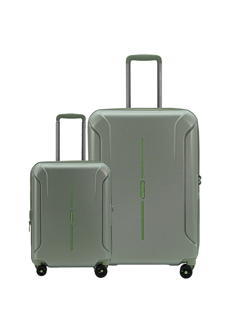 American Tourister Technum Suitcase, 2pc Set (55 + 68 cm), 4 Spinner Wheels, Hard Top, Polycarbonate, Urban Green|DuoSaf™ Security Zipper|Dual Tube Pull Handle|Expandable|TSA Lock - 3 Years International Warranty